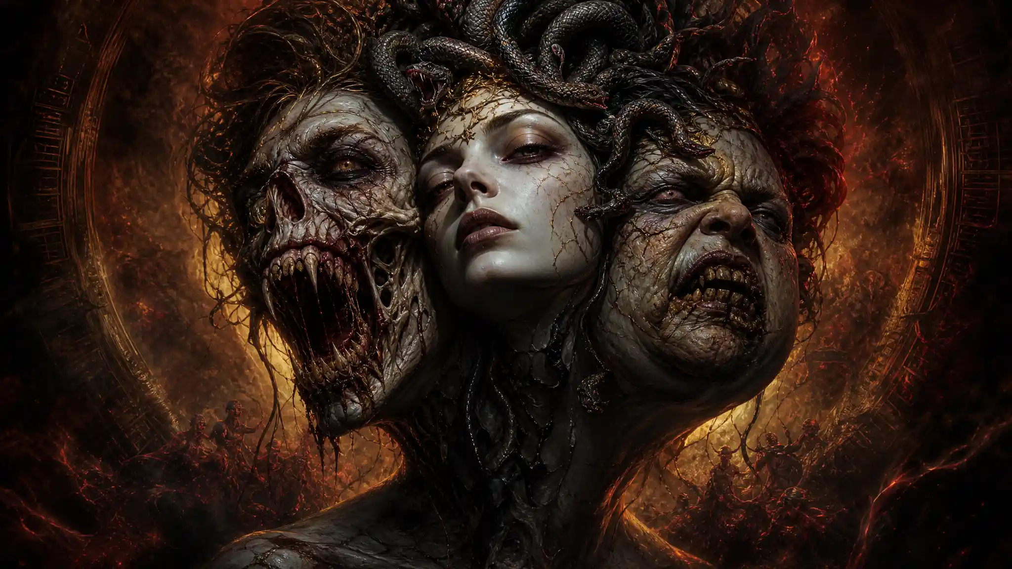 Surreal multi faced demon woman in dark cinematic portrait