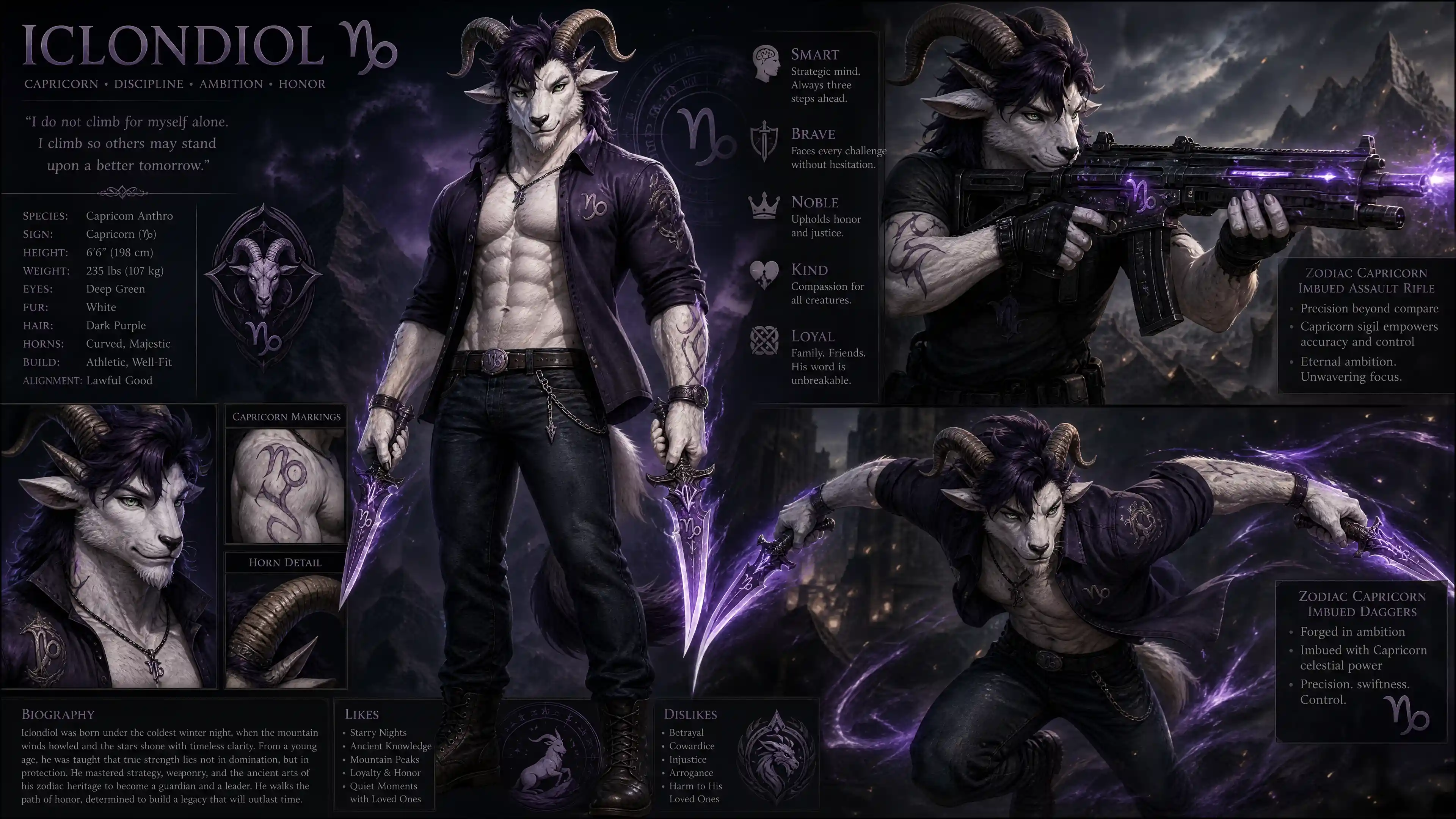 Anthro Capricorn warrior with curved horns and daggers