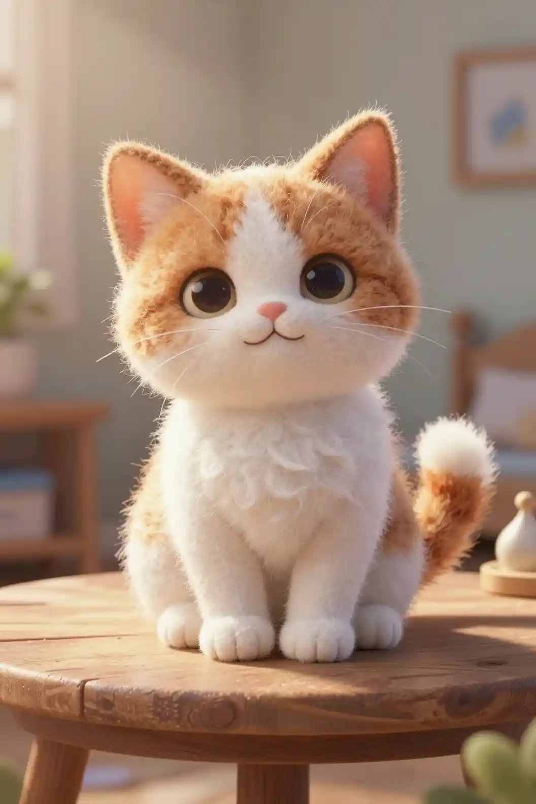 Cute plush kitten in sunlight on wooden table