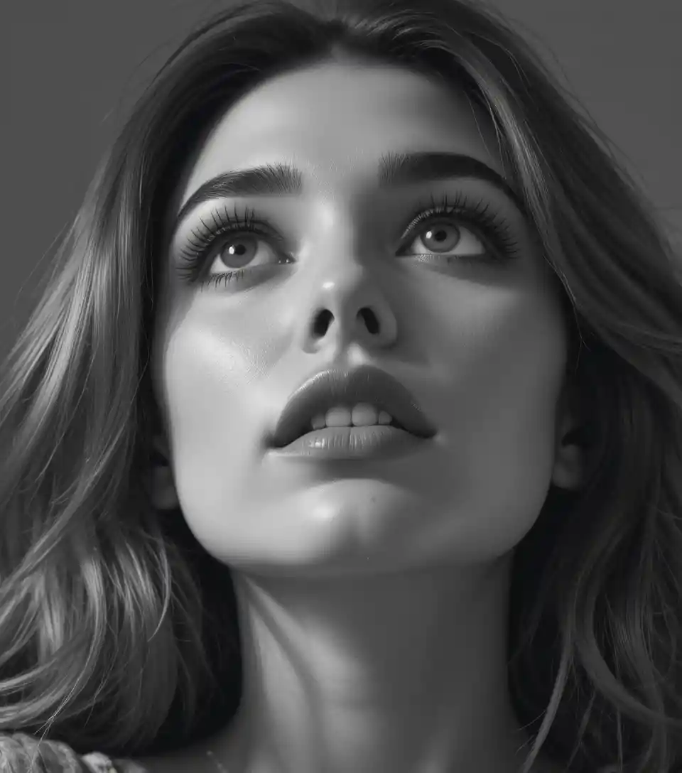 Low angle black and white close up portrait of a woman