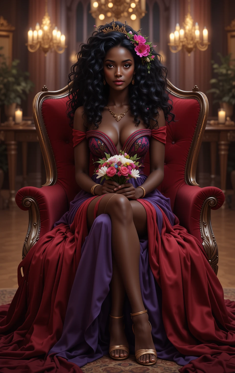 Elegant african princess seated in a luxurious ballroom