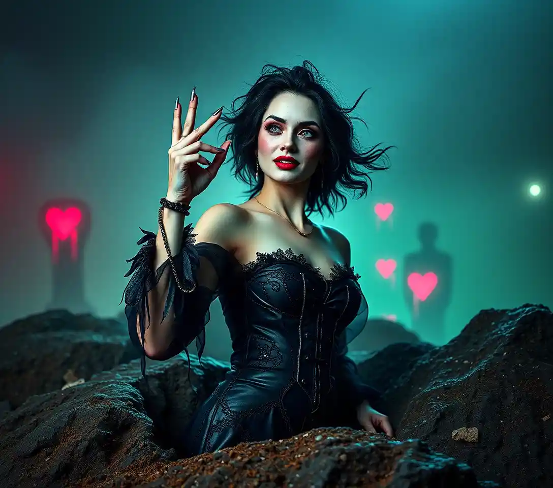 Woman rising from cracked grave in eerie misty cemetery