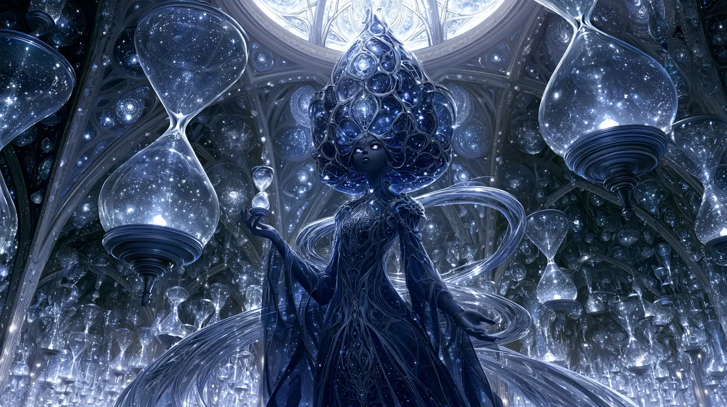 Cosmic time keeper woman amid endless floating hourglasses