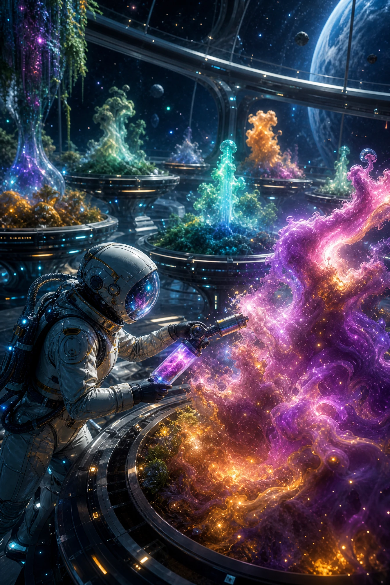 Astronaut Botanist Harvesting Glowing Cosmic Herb Clouds