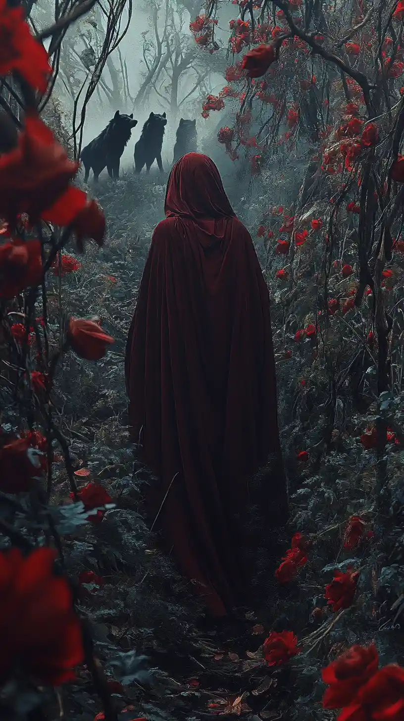 Woman in crimson cloak walking through overgrown gothic forest