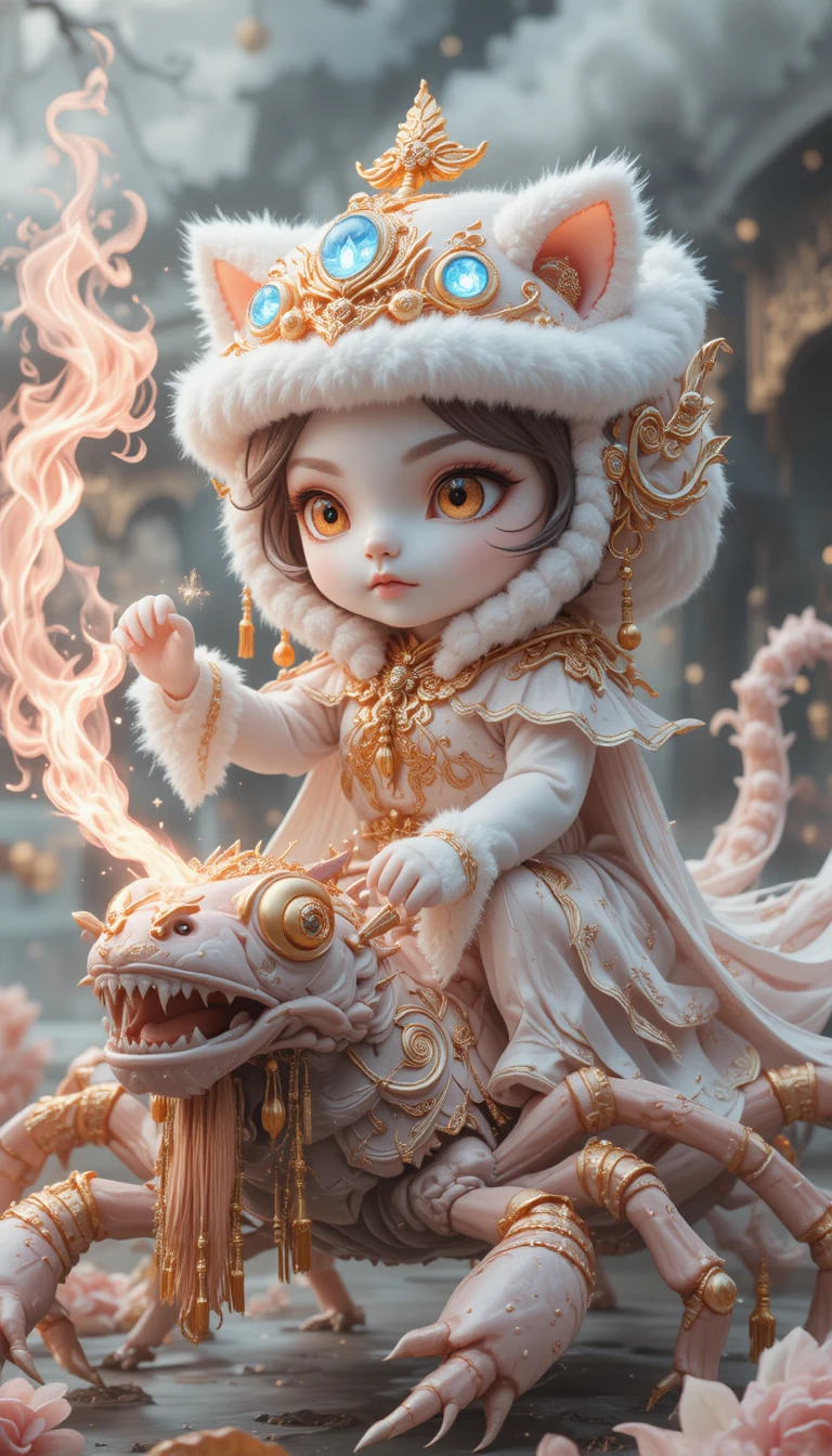 White kitten spirit warrior riding a mythical scorpion creature