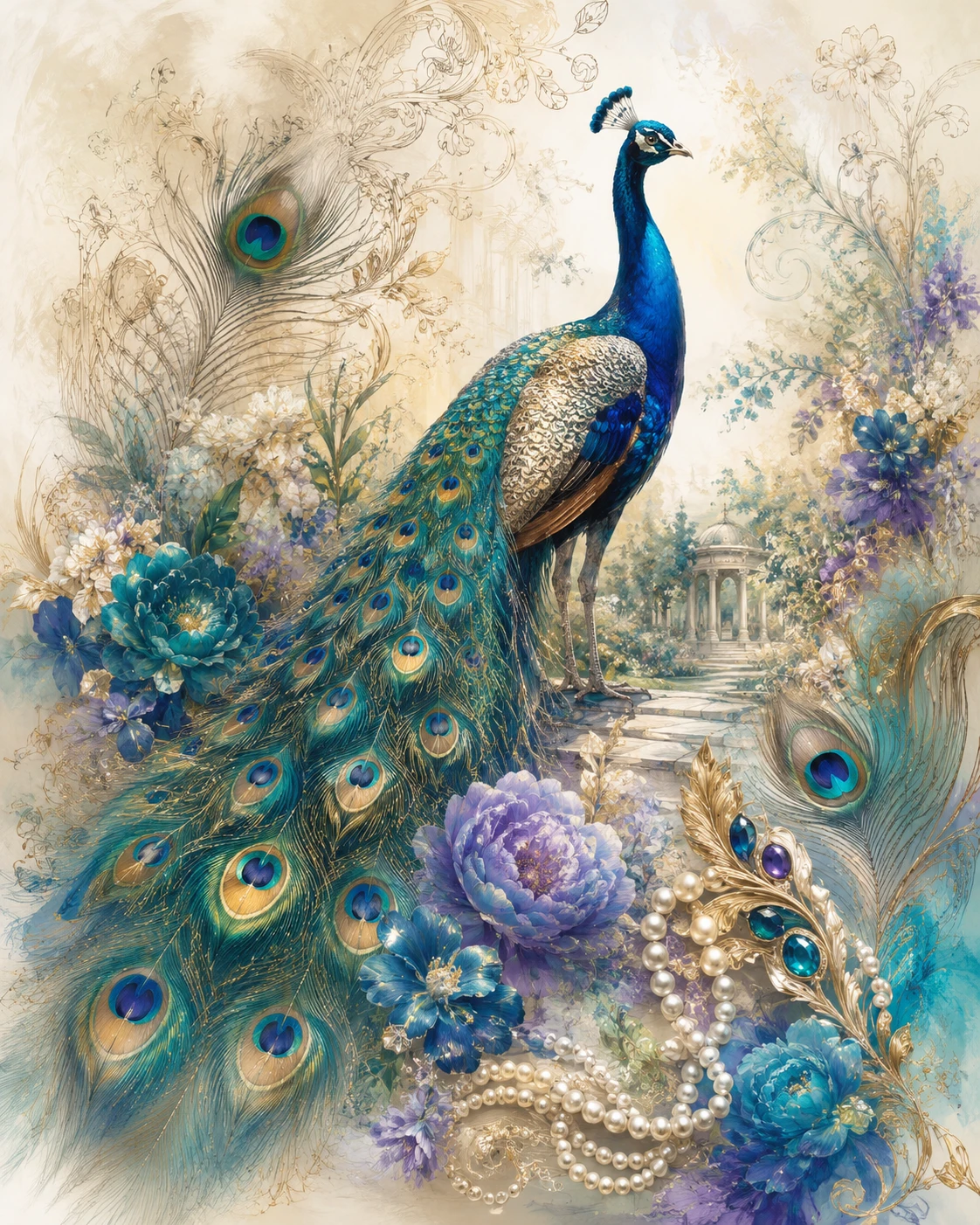 Pavo real elegante en un jardín inspirado en el art nouveau