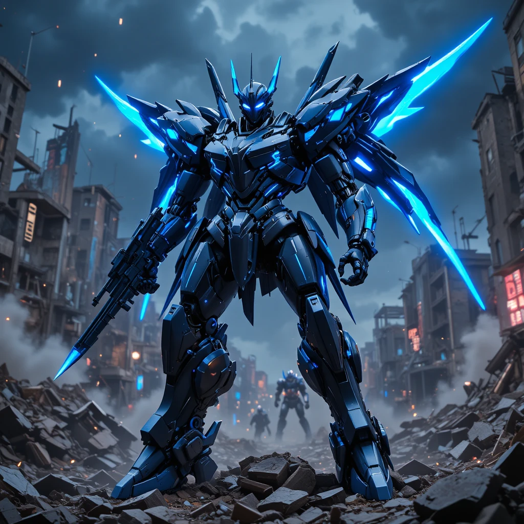 Blue and black mecha on ruins in stormy futuristic city