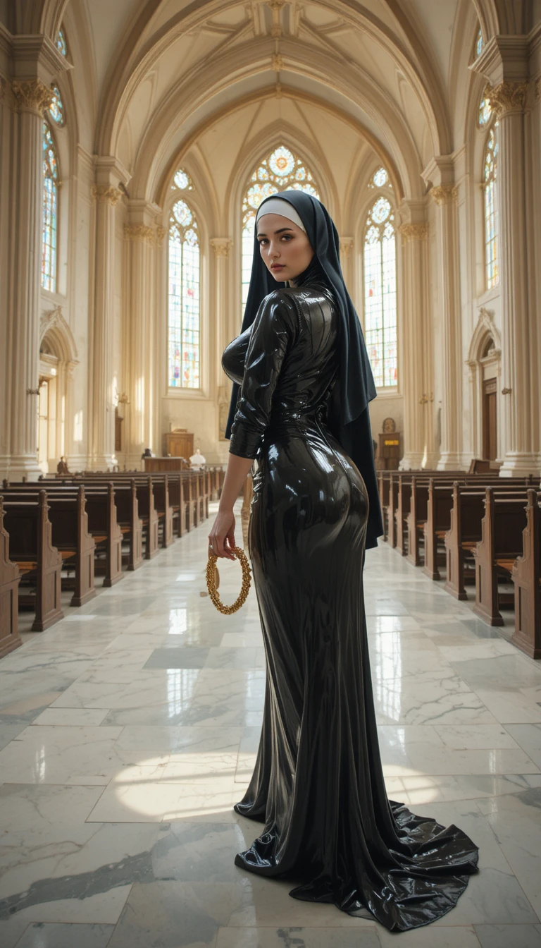 Latex Clad Nun Standing In A Vast Church Interior