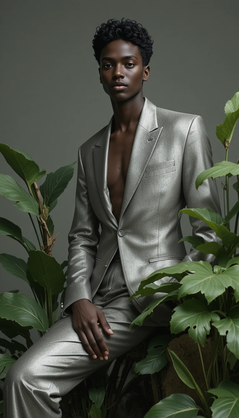 Confident model in silver suit amid lush green plants