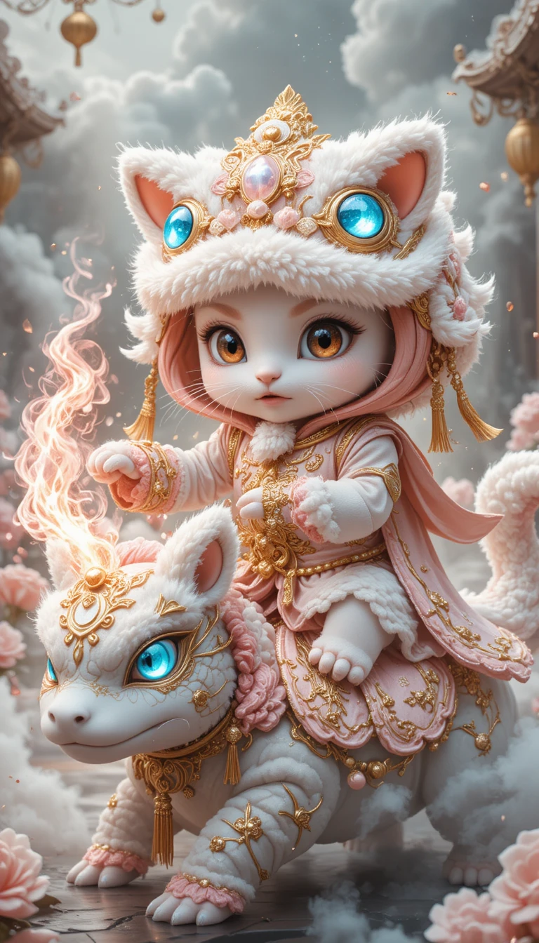 White kitten in lion dance hood riding mythical creature