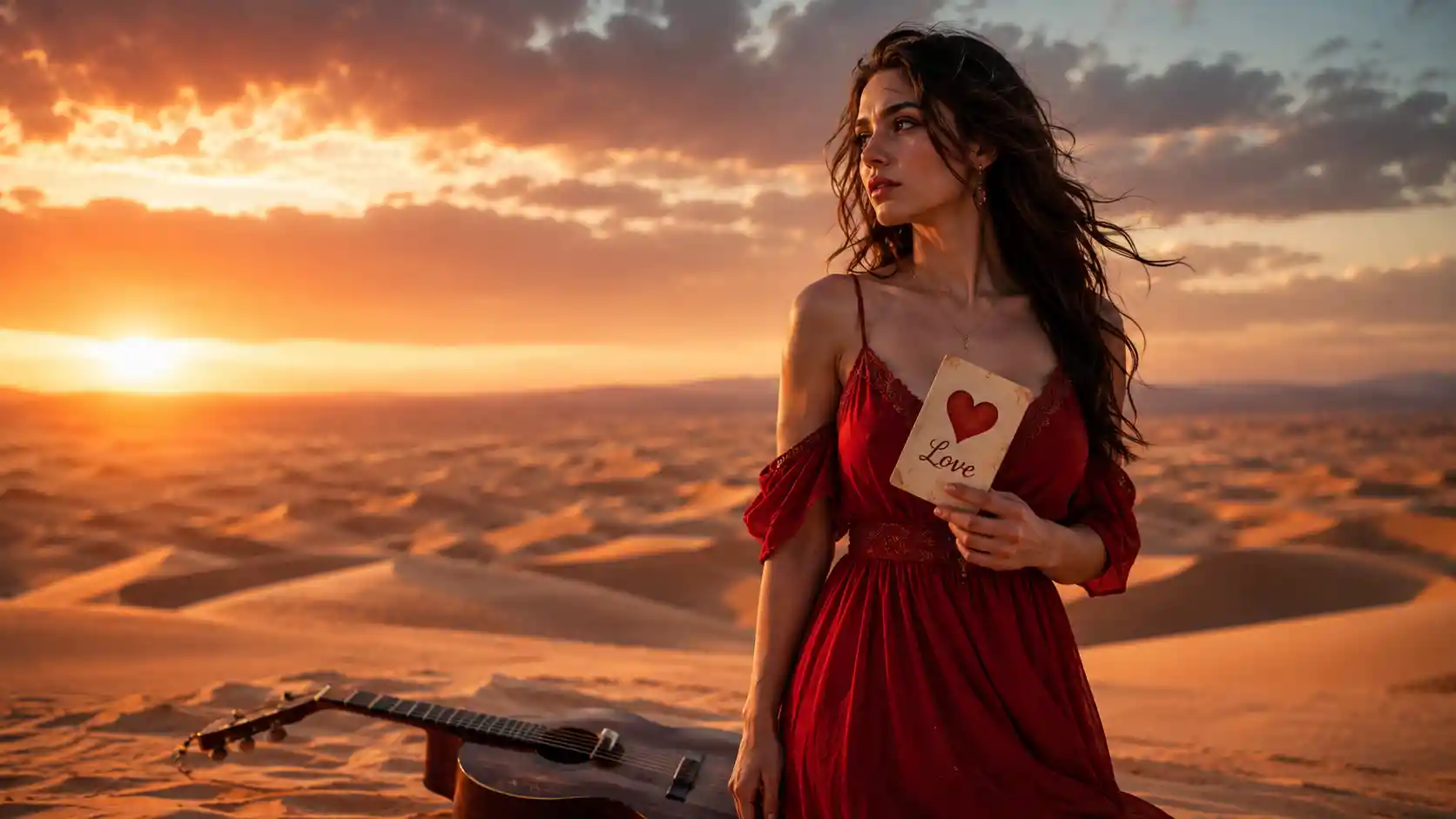 Sad woman in red dress alone in the Sahara desert