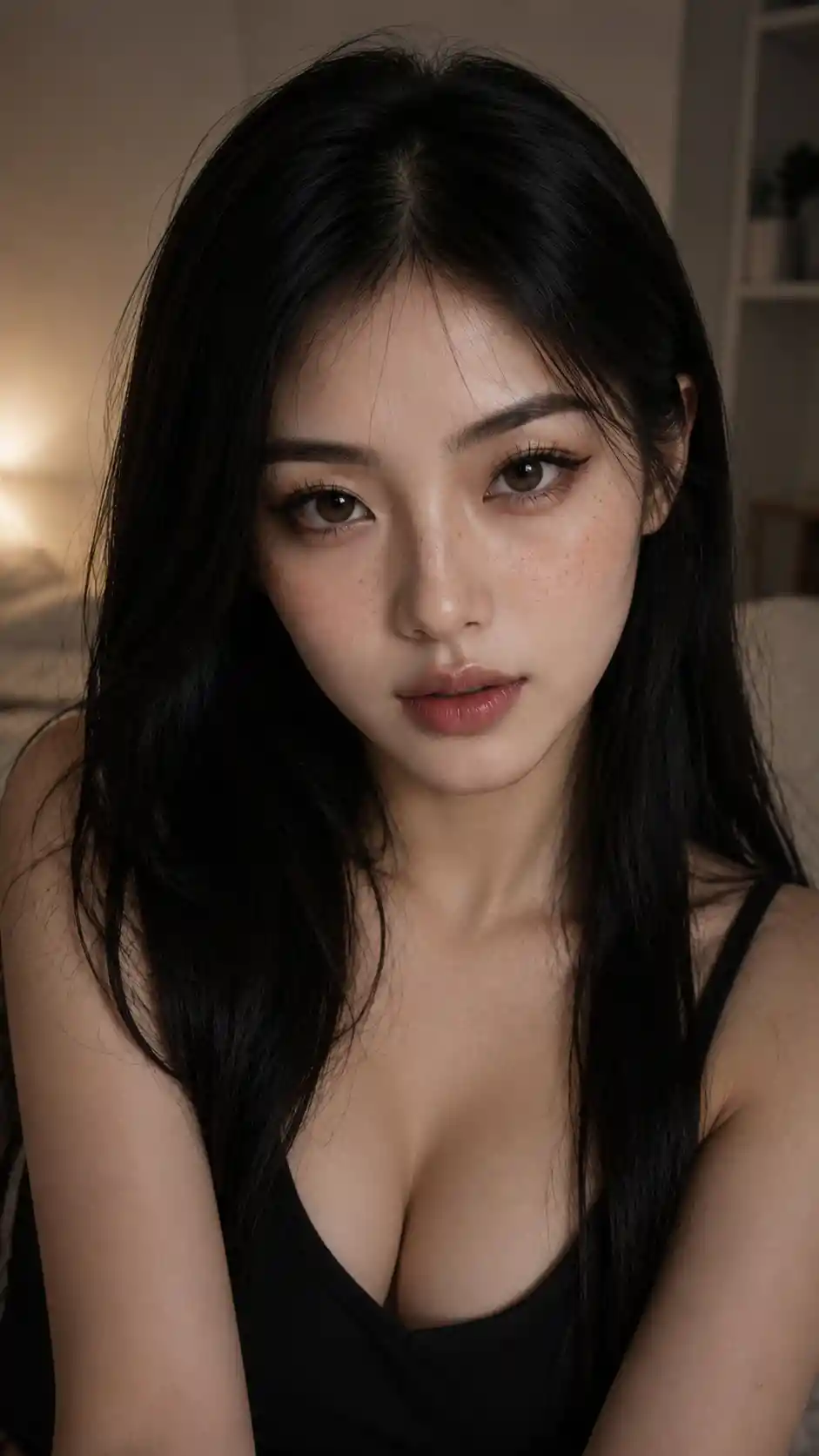 Young woman portrait in soft low light interior