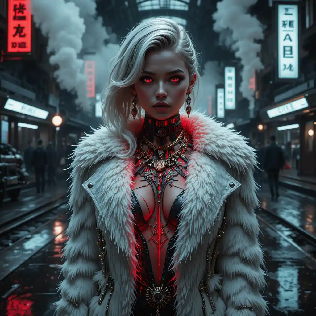Noir femme fatale in a futuristic train station
