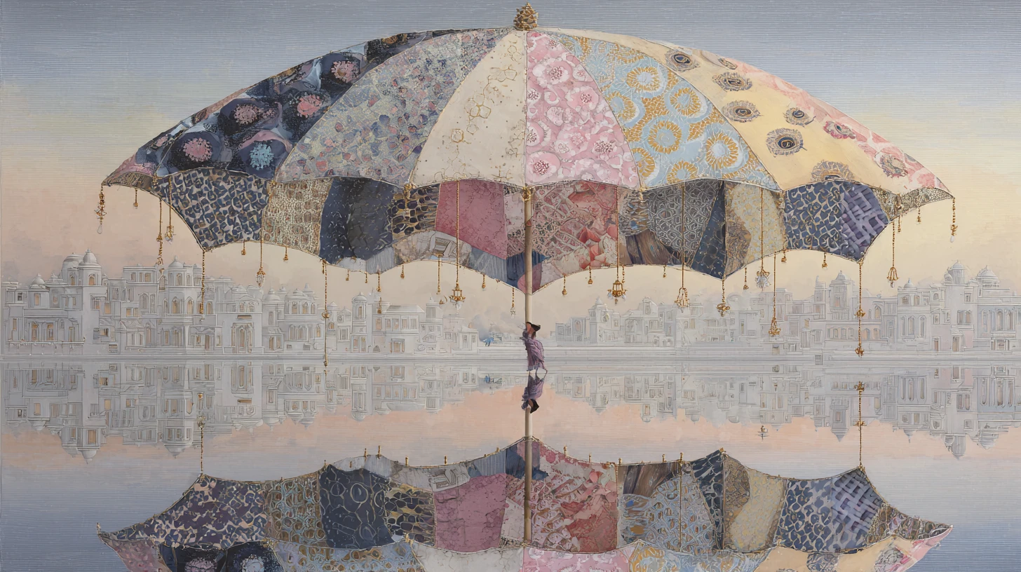 Giant Patchwork Umbrella Floating Over Reflective Water