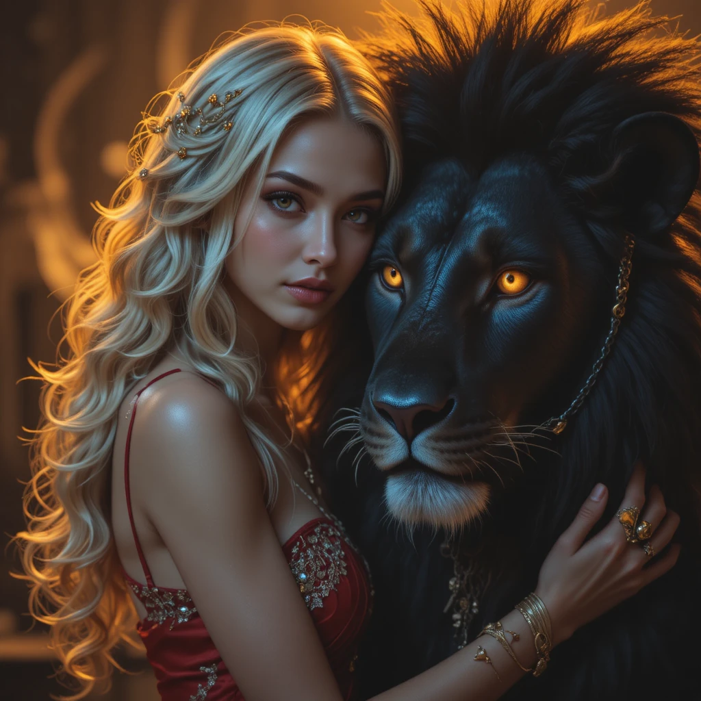 Woman In Red Embracing A Majestic Black Lion