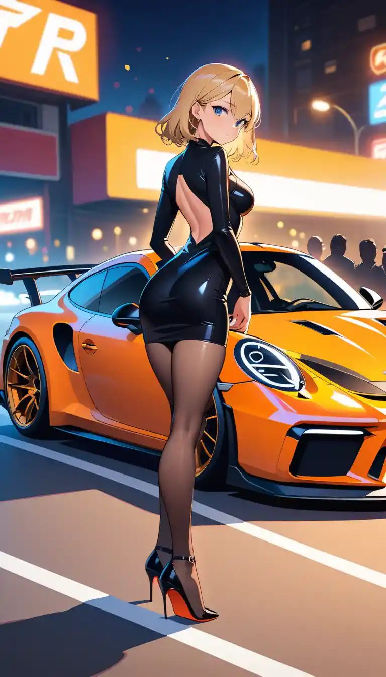 Blonde woman stepping from orange sports car at night race