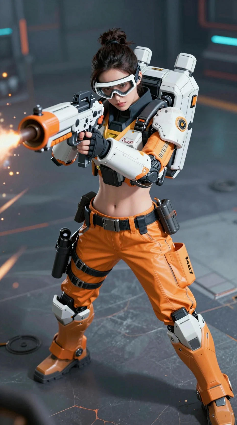 Soldado mujer cyberpunk apuntando un mortero futurista en la ciudad