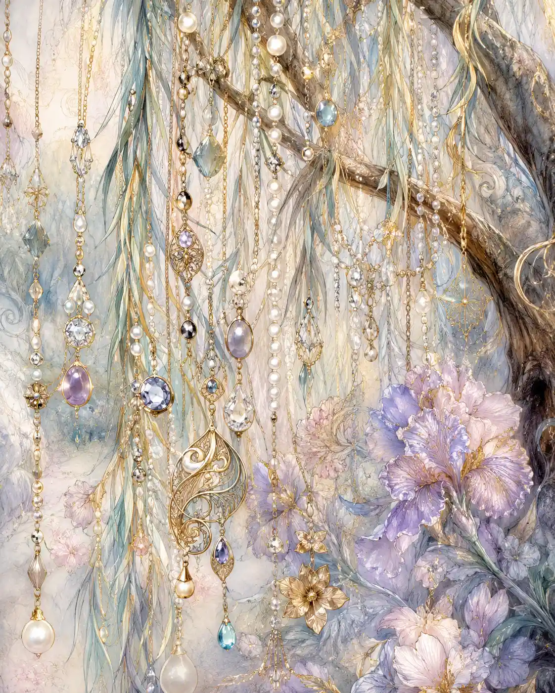 Close up jewelry moodboard on a weeping willow tree