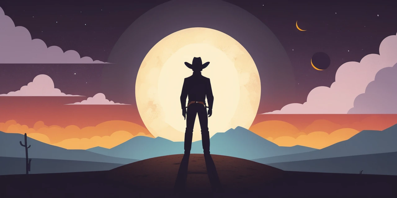 Minimalist cowboy watching a solar eclipse in stylized sky