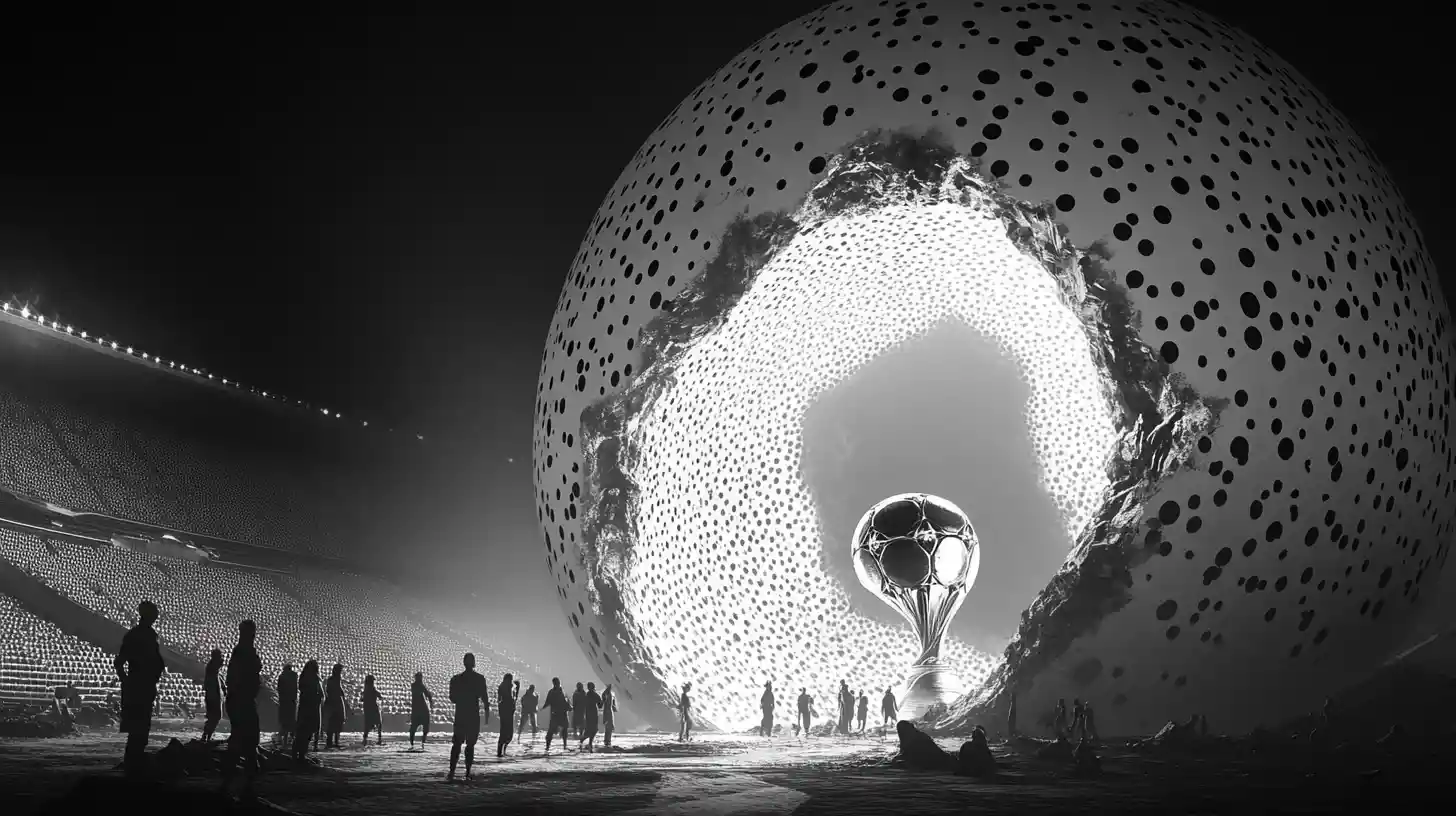 Giant Cracked Soccer Ball Revealing Glowing Trophy In Stadium