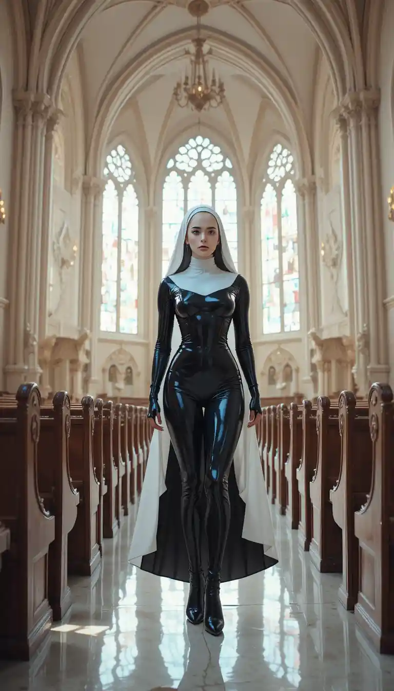 Latex Clad Nun Standing In Vast Church Interior