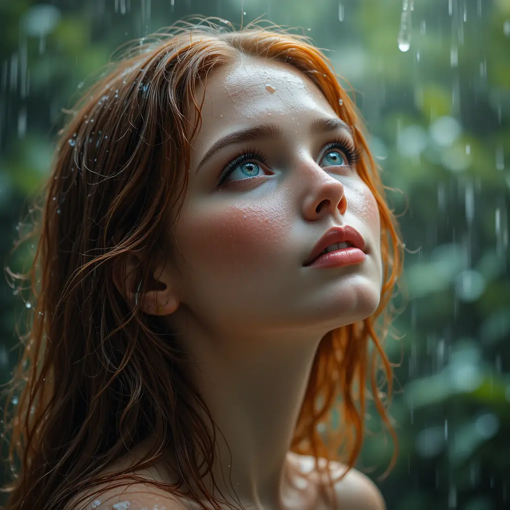 Young woman in rain with wet red hair looking upward