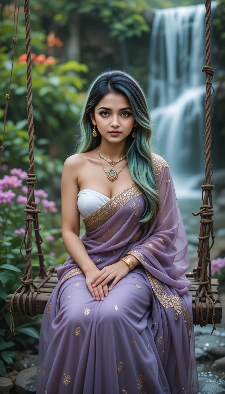 Sensual woman on a swing by a lush waterfall