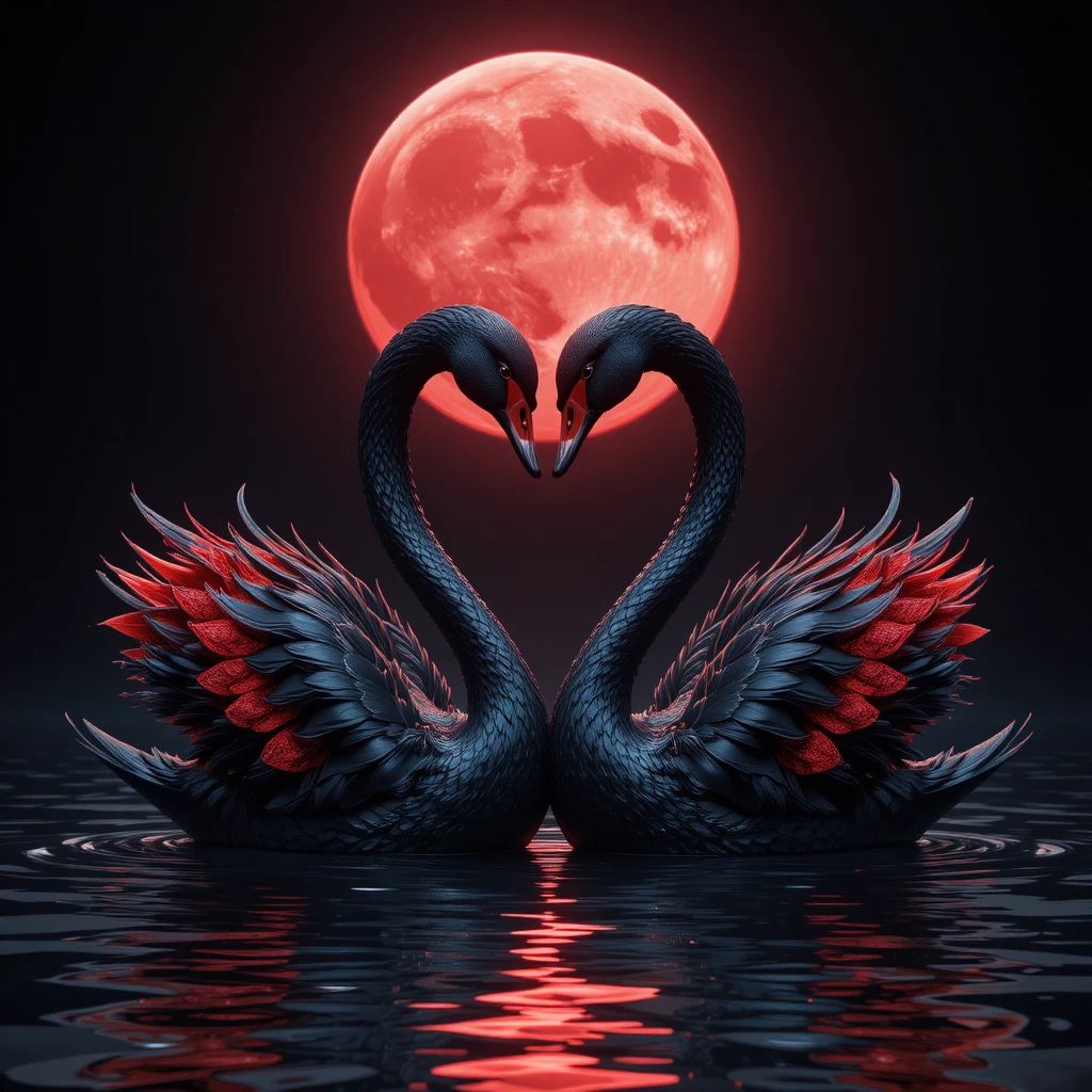 Two black swans forming a heart on a moonlit lake