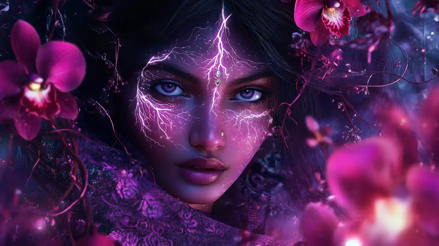 Fairy woman fused with dark orchid garden veins