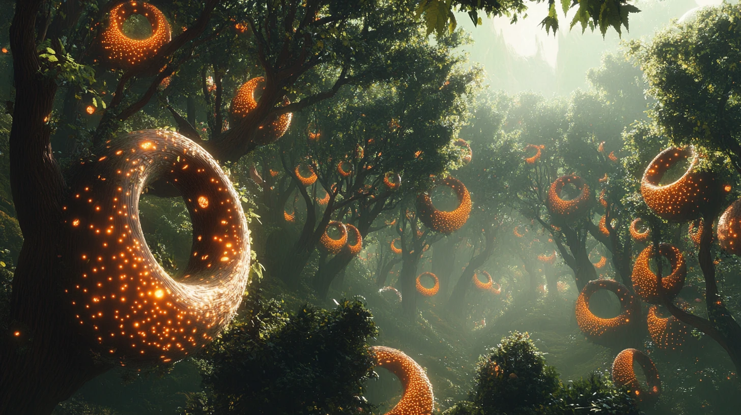 Surreal landscape of spiral trees with glowing world fruits