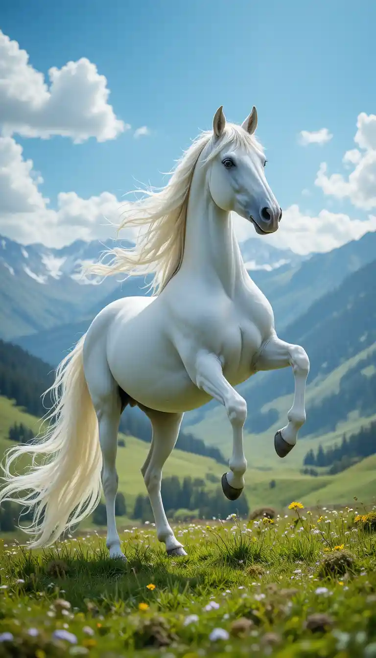 White Arabian horse in a green alpine meadow with mountains