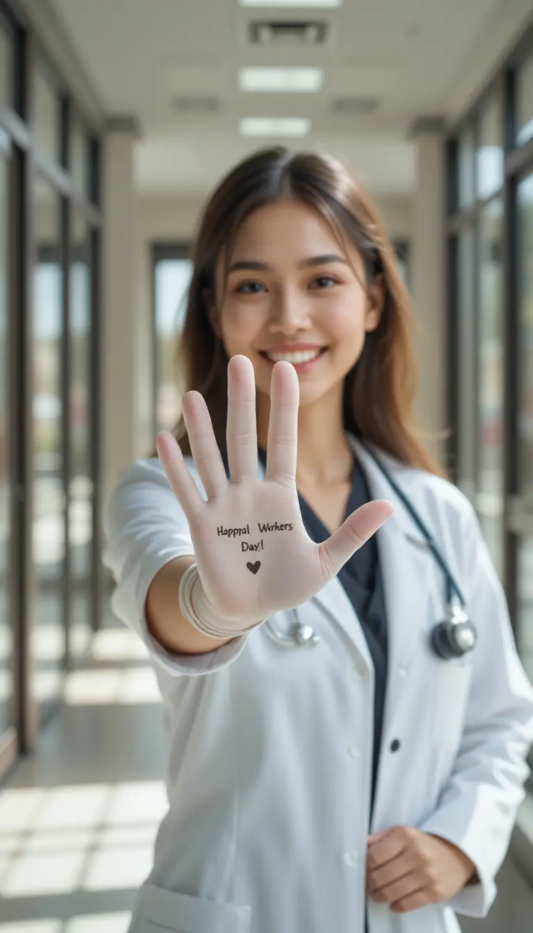 Young doctor showing gloved hand with holiday greeting