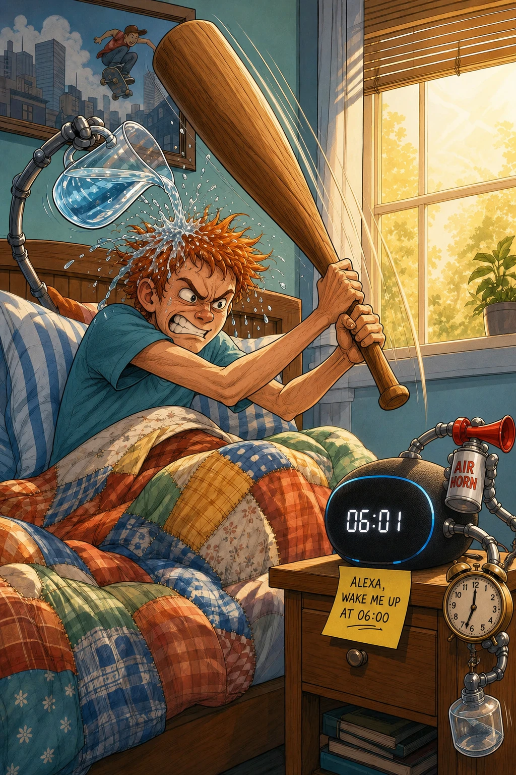 Angry man in bed swinging hammer at smart speaker