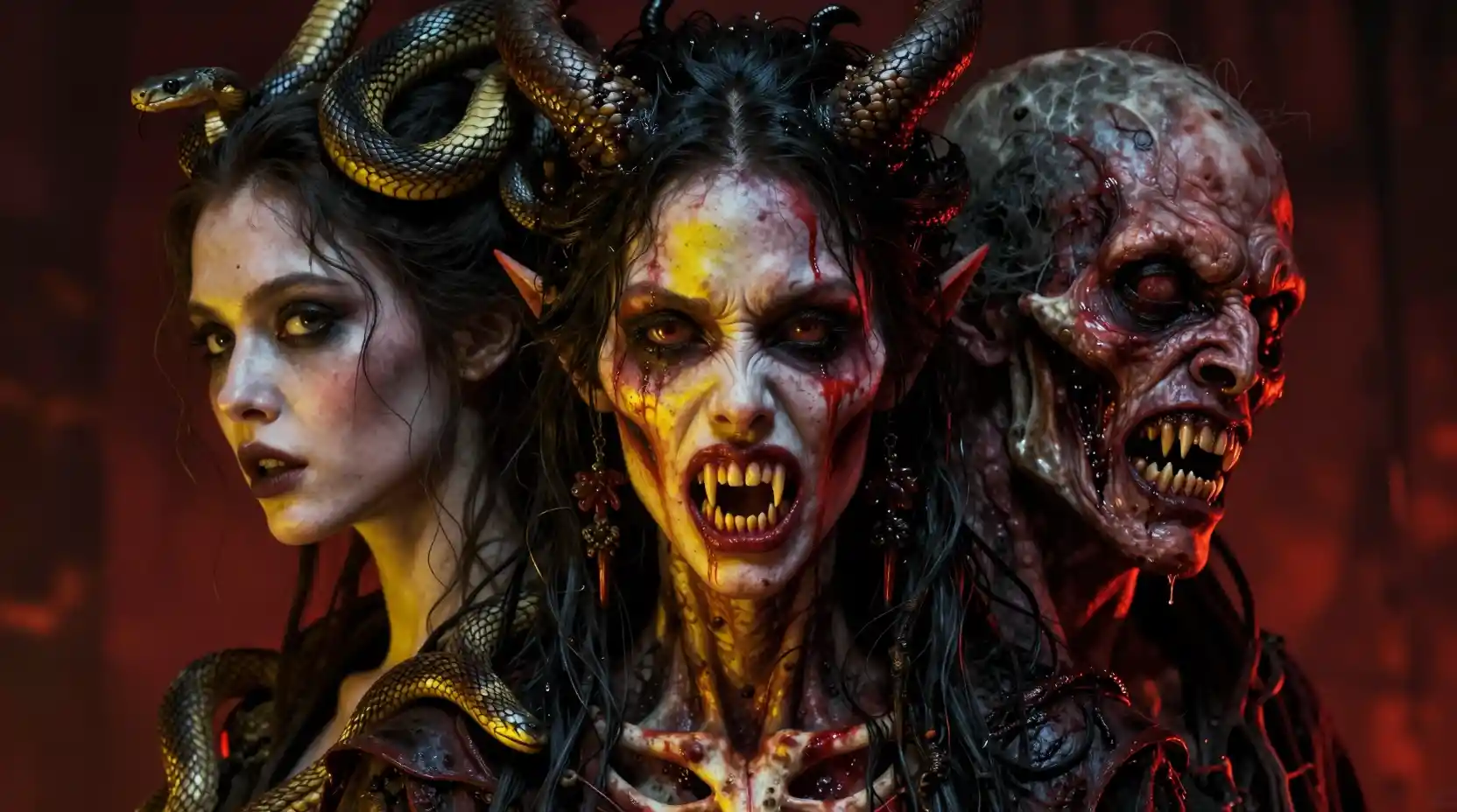 Surreal multi faced female demon in dark cinematic portrait