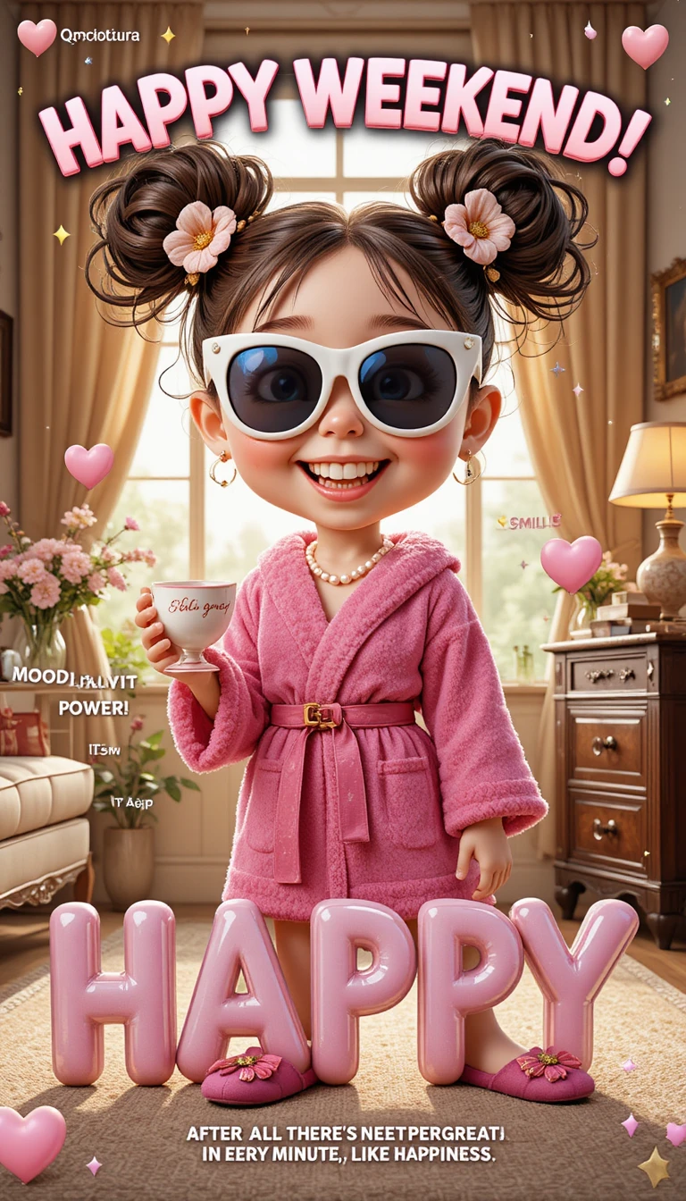 Cheerful little girl in robe with oversized pearl sunglasses