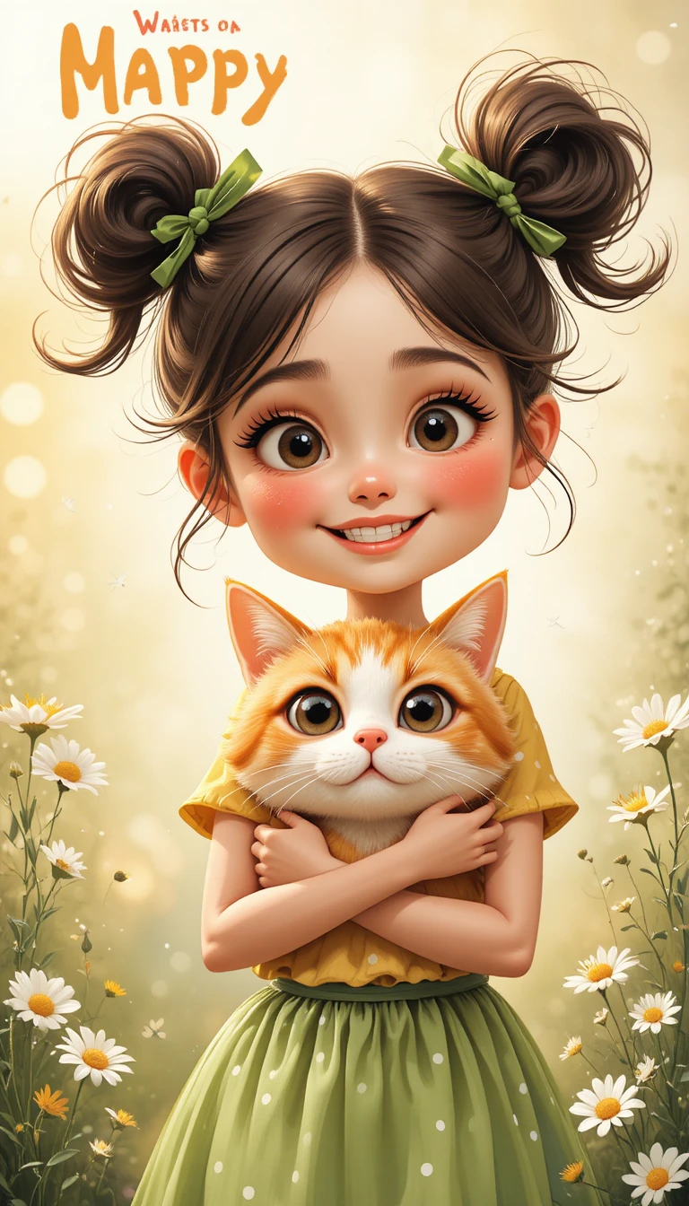 Mischievous little girl hugging a fluffy orange cat