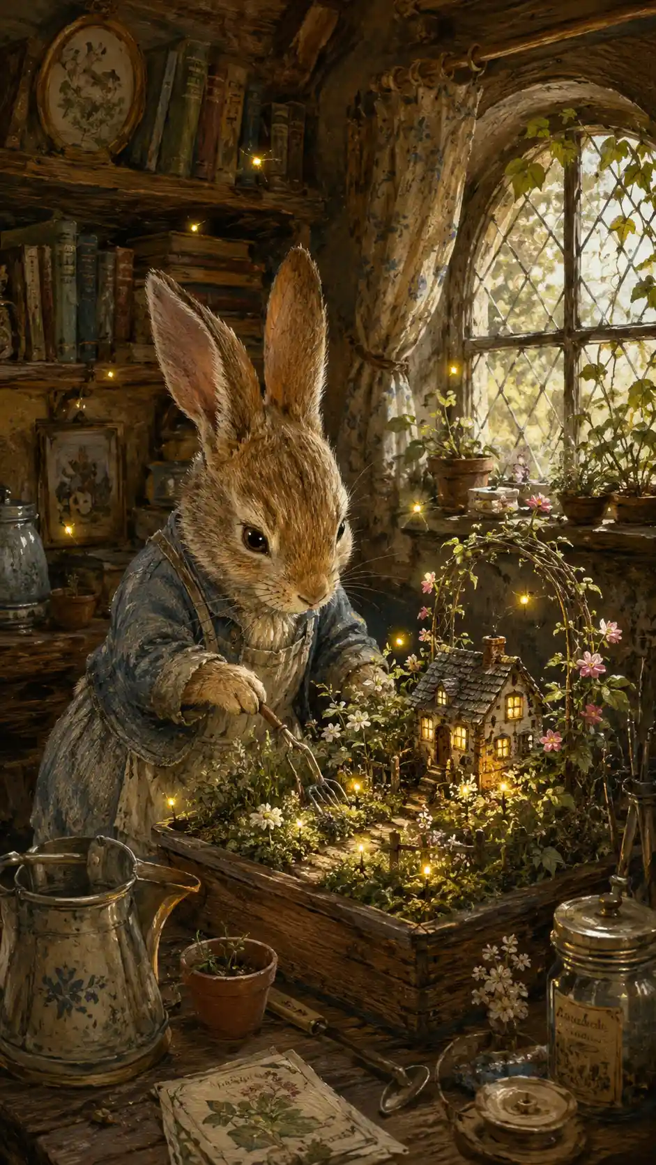 Anthropomorphic Rabbit Gardening In A Cozy Cottage Room