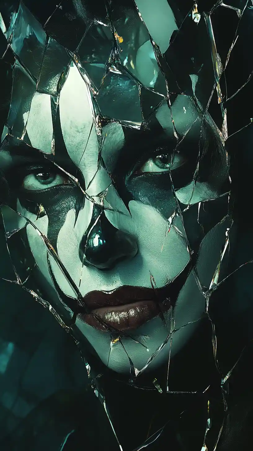 Harlequin mask shattered into glowing surreal glass fragments