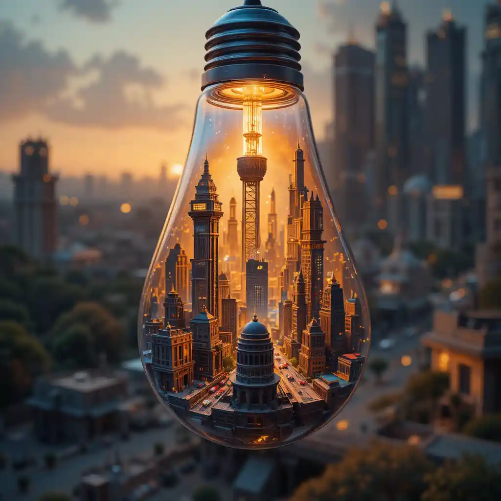 Futuristic Indian cityscape glowing inside a glass light bulb