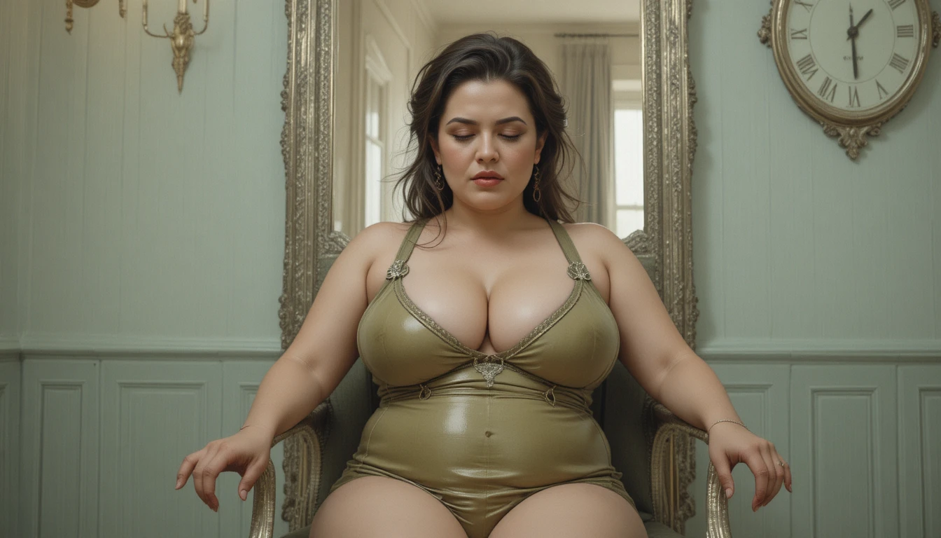 Tired curvy woman sitting on a chair before a mirror