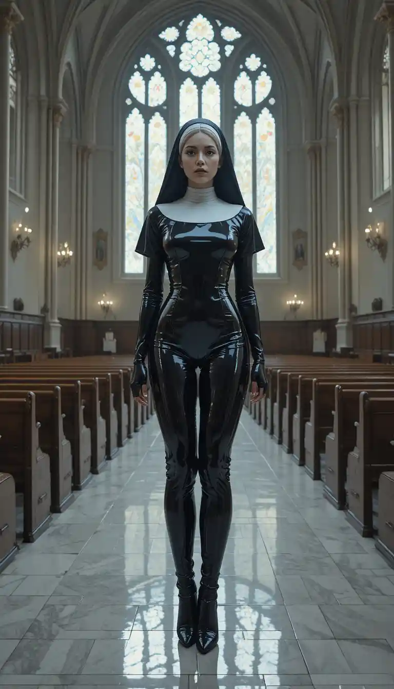 Monja vestida de látex en el amplio interior de una iglesia