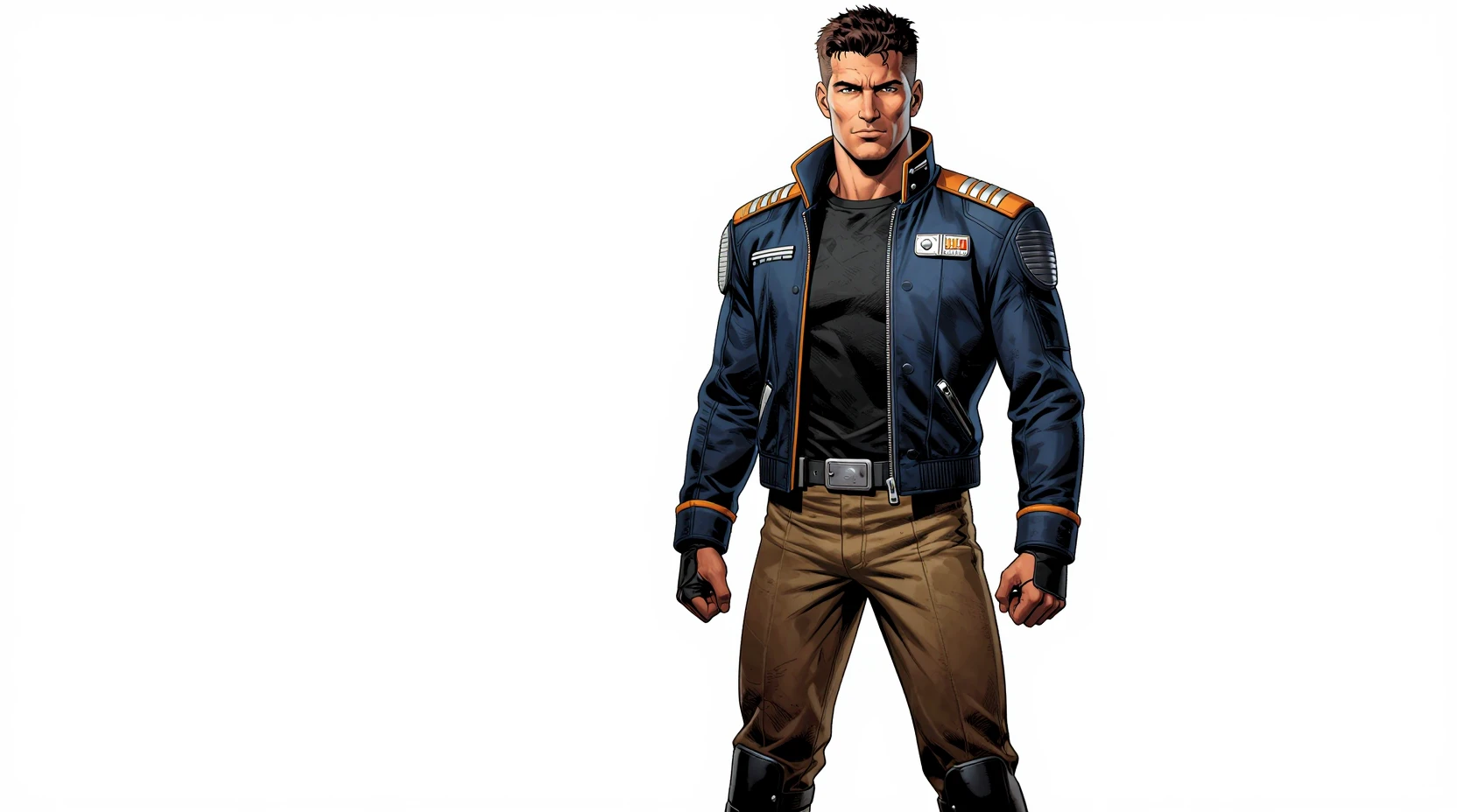 Confident starship captain in futuristic navy uniform
