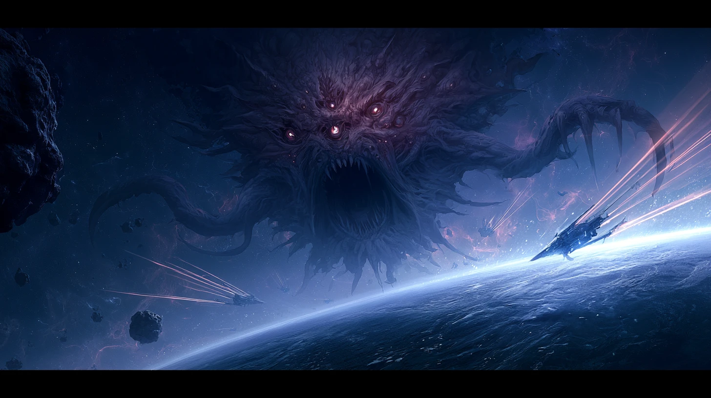Colossal cosmic monster looming above an alien planet horizon