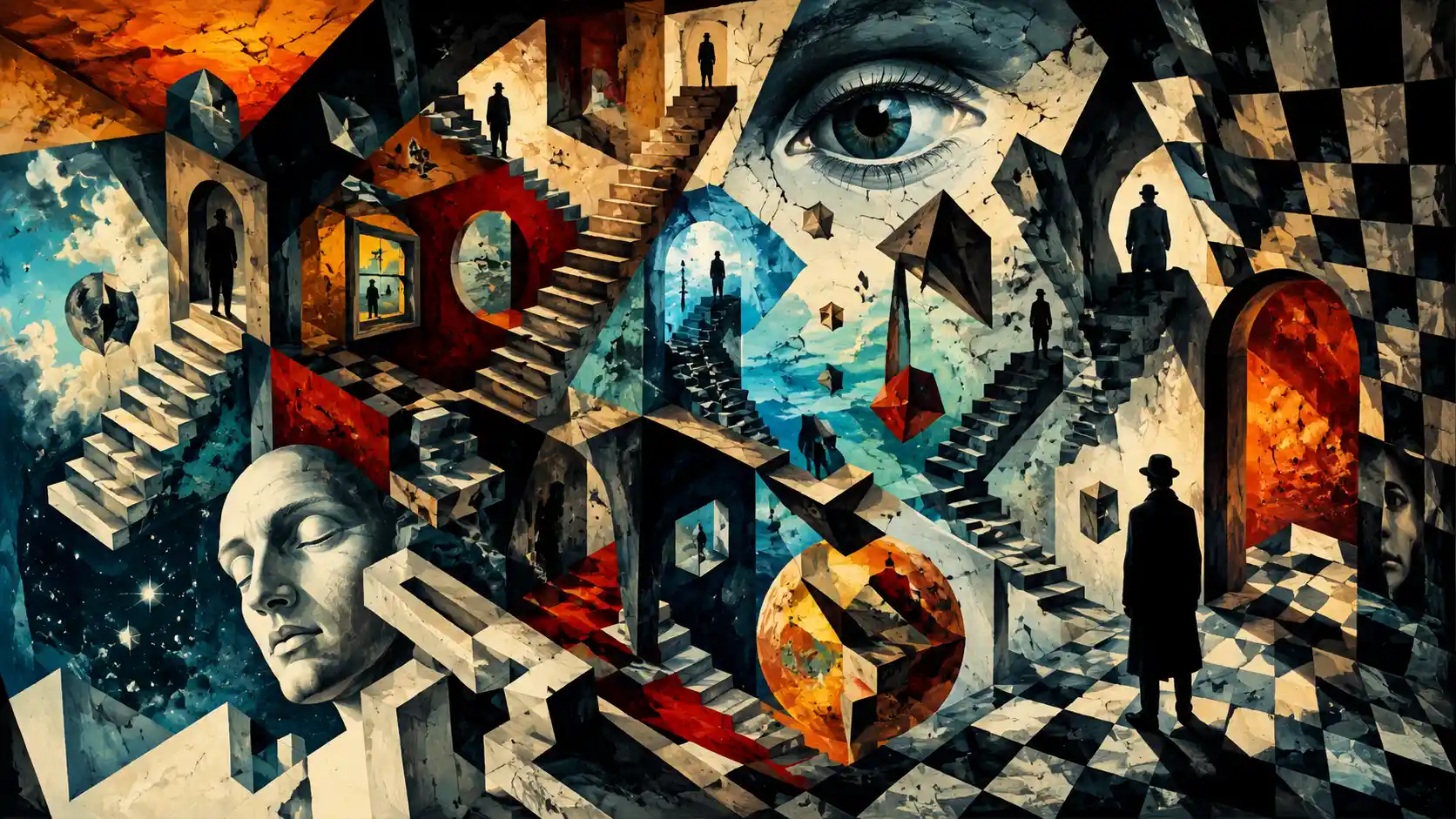 Surreal dreamscape of shattered geometric forms and void