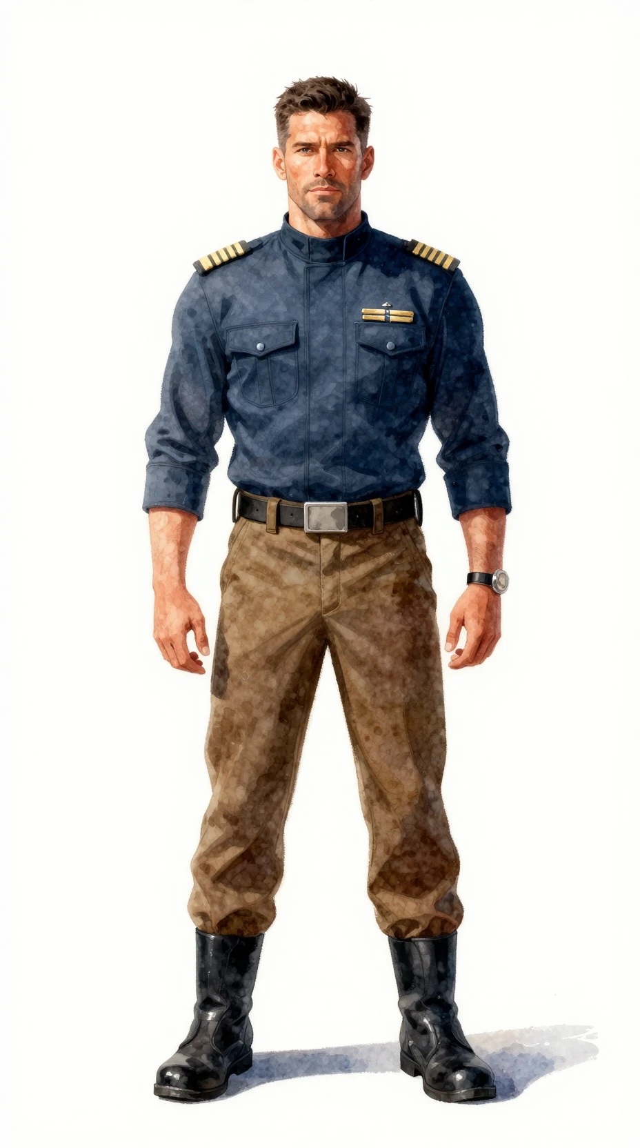 Confident starship captain in blue uniform on white background