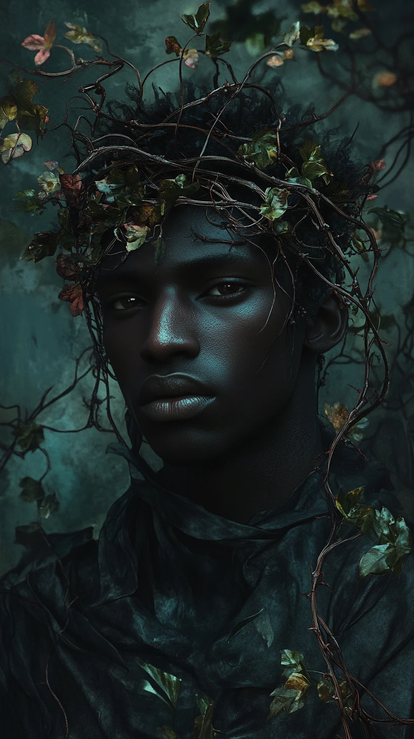 Exiled fae man with thorned crown in overgrown ruins
