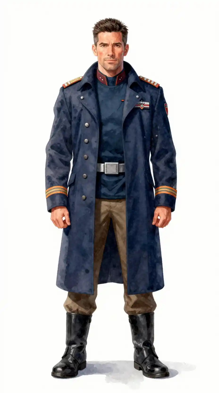 Starship captain in navy coat against white background