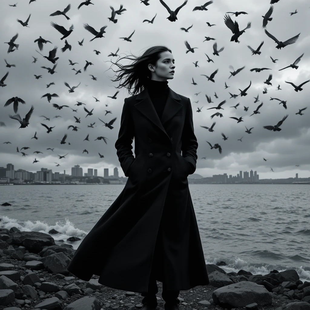 Woman in black coat on rocky shore with circling crows
