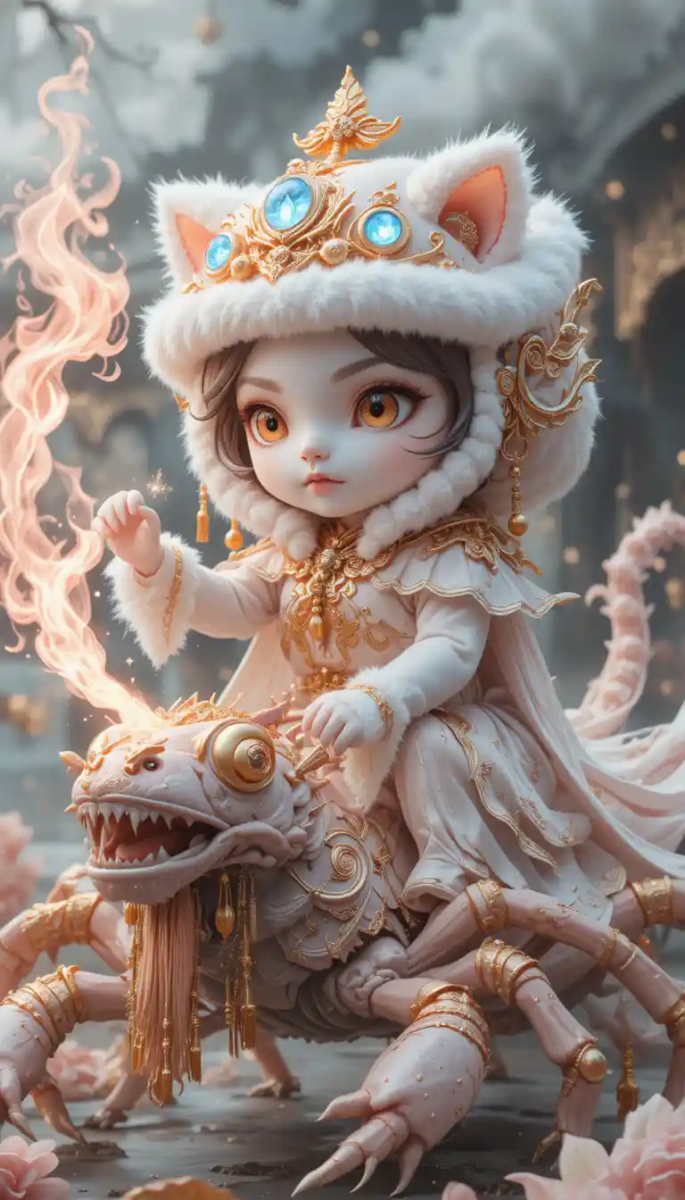 White kitten spirit warrior riding a mythical scorpion creature